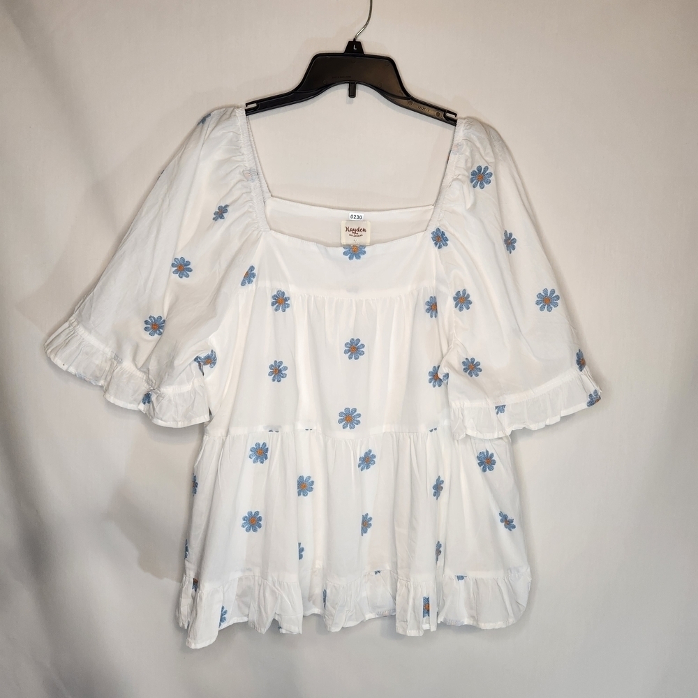 Hayden Los Angeles Chic White Tunic with Blue Floral Embroidered Pattern Tiered
